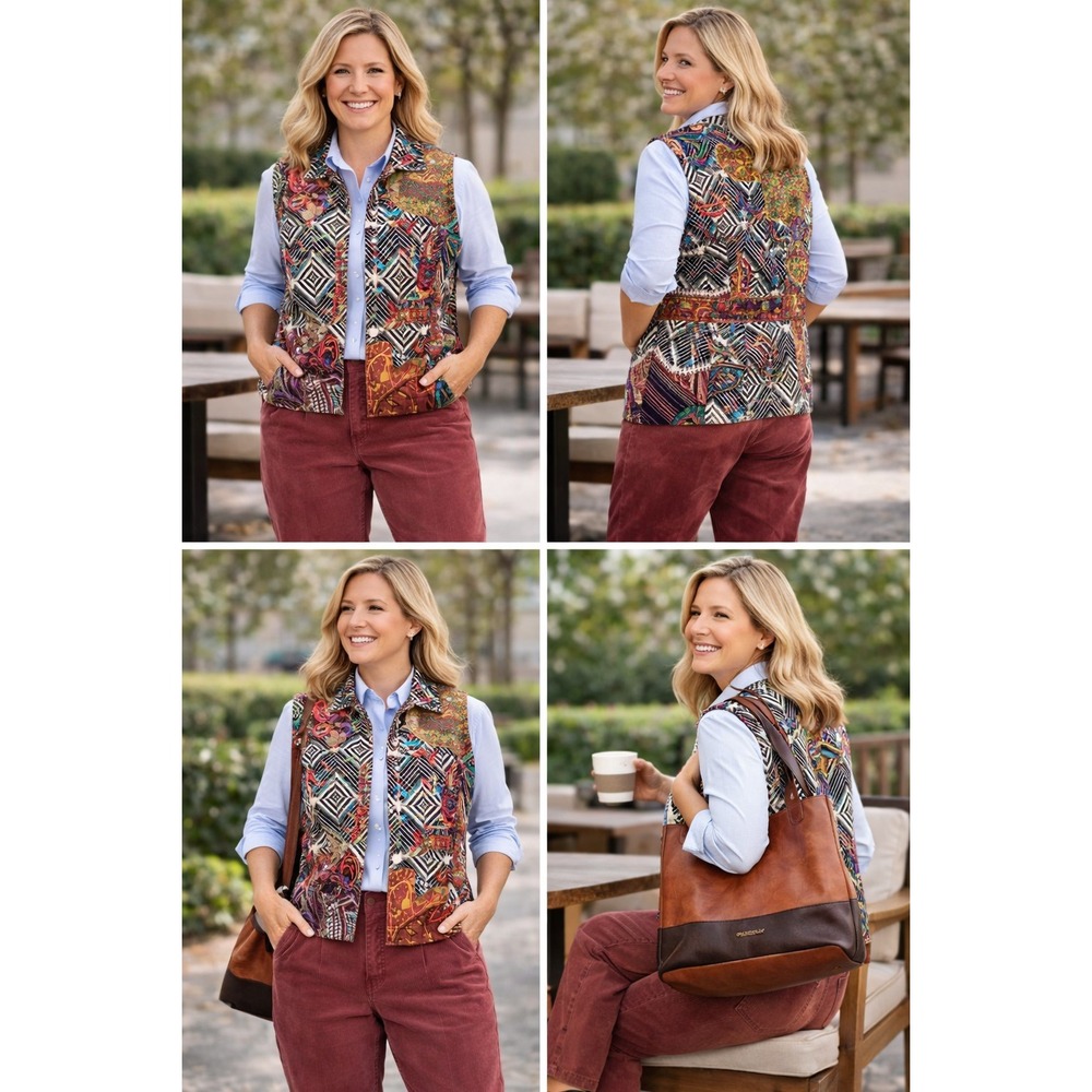 Chicos Vest Womens Size 2 Multicolor Geometric Embroidered Boho Art‎ Vest
